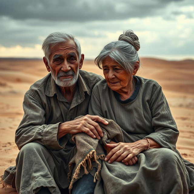 An elderly couple, a man and a woman, portrayed as poor and lonely, sitting together in a vast, desolate desert landscape that evokes feelings of sadness
