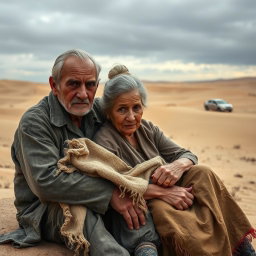 An elderly couple, a man and a woman, portrayed as poor and lonely, sitting together in a vast, desolate desert landscape that evokes feelings of sadness