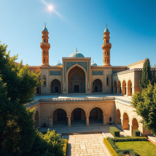 A highly detailed and accurate depiction of the caravanserai of Izadkhas in Iran, showcasing its grand architecture