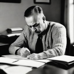 A focused man seated at a desk, pen in hand, deeply engrossed in writing on a piece of paper