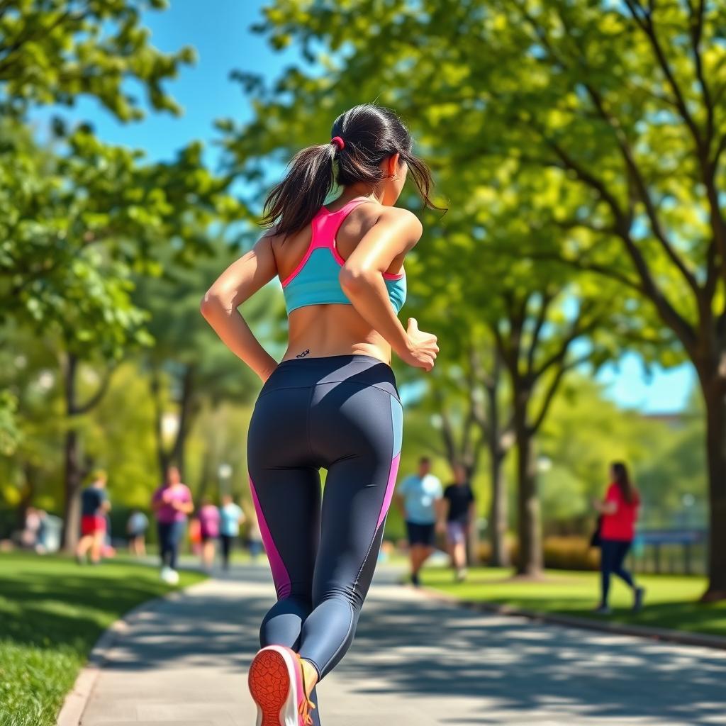 A fit, athletic person jogging in a vibrant urban park