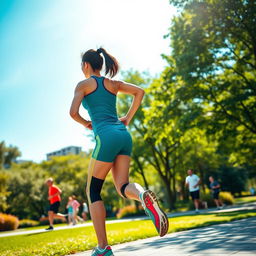 A fit, athletic person jogging in a vibrant urban park