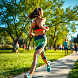 A fit, athletic person jogging in a vibrant urban park
