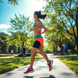 A fit, athletic person jogging in a vibrant urban park
