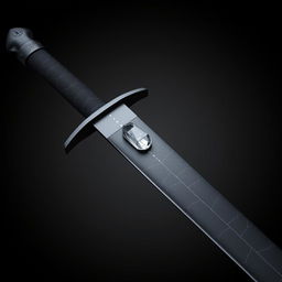 A sword featuring a slender but slightly thicker jet black blade with a metallic sheen reminiscent of obsidian, adorned with fine silver lines resembling cracks on its surface