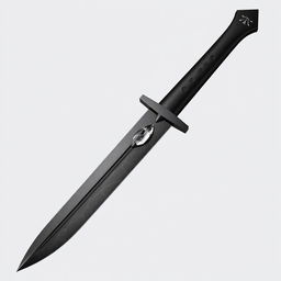 A sword featuring a slender but slightly thicker jet black blade with a metallic sheen reminiscent of obsidian, adorned with fine silver lines resembling cracks on its surface