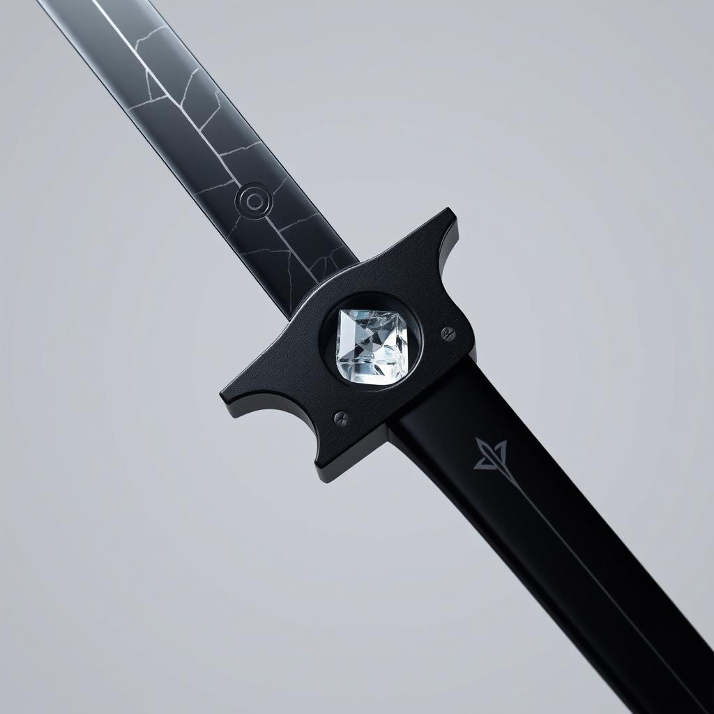 A sword featuring a slender but slightly thicker jet black blade with a metallic sheen reminiscent of obsidian, adorned with fine silver lines resembling cracks on its surface