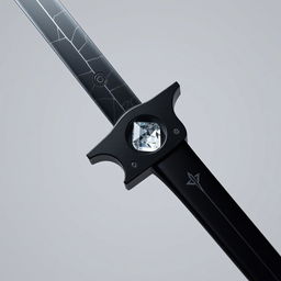 A sword featuring a slender but slightly thicker jet black blade with a metallic sheen reminiscent of obsidian, adorned with fine silver lines resembling cracks on its surface