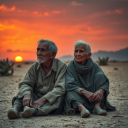 An elderly man and woman sitting together in a somber, barren desert landscape, their faces etched with the lines of hardship and solitude