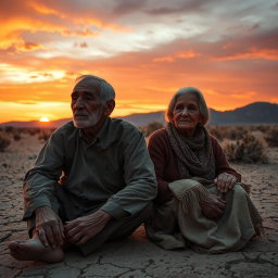 An elderly man and woman sitting together in a somber, barren desert landscape, their faces etched with the lines of hardship and solitude