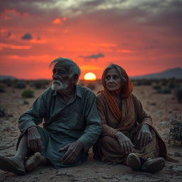 An elderly man and woman sitting together in a somber, barren desert landscape, their faces etched with the lines of hardship and solitude