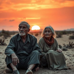 An elderly man and woman sitting together in a somber, barren desert landscape, their faces etched with the lines of hardship and solitude