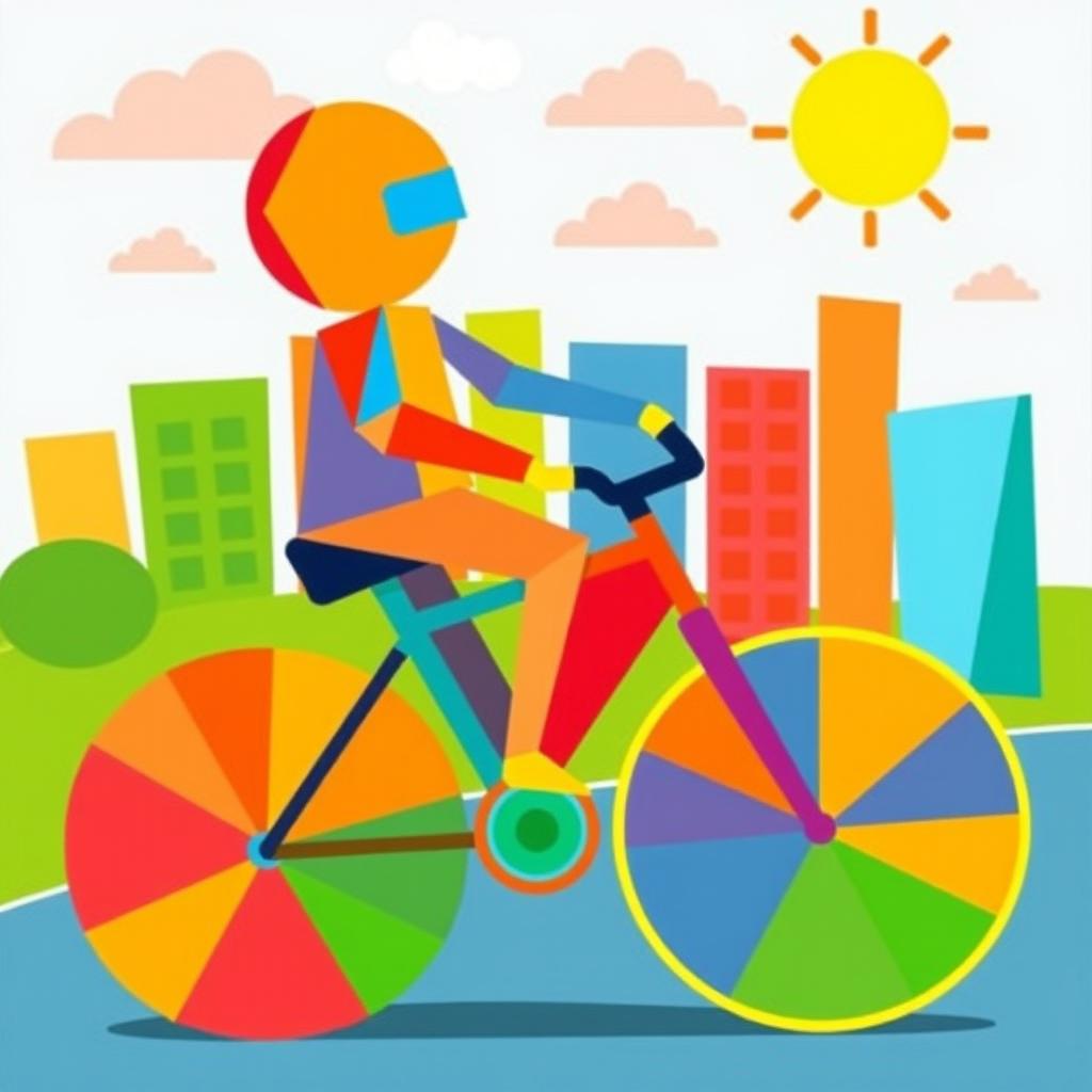 A vibrant and creative illustration of a person riding a bike, where both the rider and the bike are constructed entirely from colorful geometric shapes and patterns