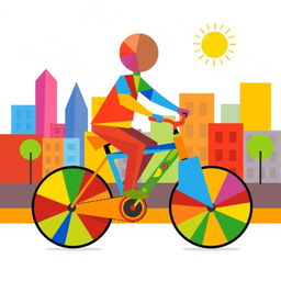 A vibrant and creative illustration of a person riding a bike, where both the rider and the bike are constructed entirely from colorful geometric shapes and patterns