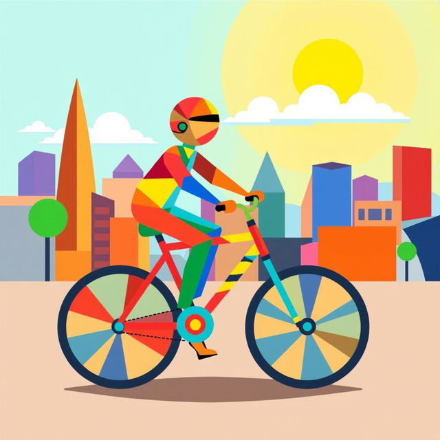 A vibrant and creative illustration of a person riding a bike, where both the rider and the bike are constructed entirely from colorful geometric shapes and patterns