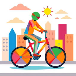 A vibrant and creative illustration of a person riding a bike, where both the rider and the bike are constructed entirely from colorful geometric shapes and patterns