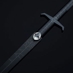 A sword featuring a slender but slightly thicker blade crafted from jet black material with a slight metallic sheen similar to obsidian, embellished with fine silver lines that resemble cracks on its surface