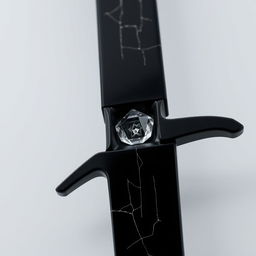 A sword featuring a slender but slightly thicker blade crafted from jet black material with a slight metallic sheen similar to obsidian, embellished with fine silver lines that resemble cracks on its surface
