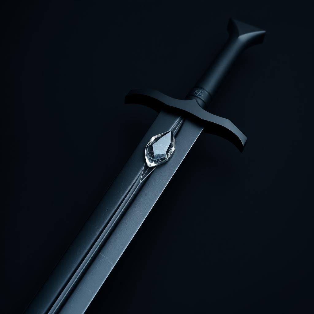 A sword featuring a slender but slightly thicker blade crafted from jet black material with a slight metallic sheen similar to obsidian, embellished with fine silver lines that resemble cracks on its surface