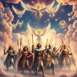 A majestic and awe-inspiring representation of the divine army of God, featuring ethereal warriors clad in radiant armor and wielding celestial weapons