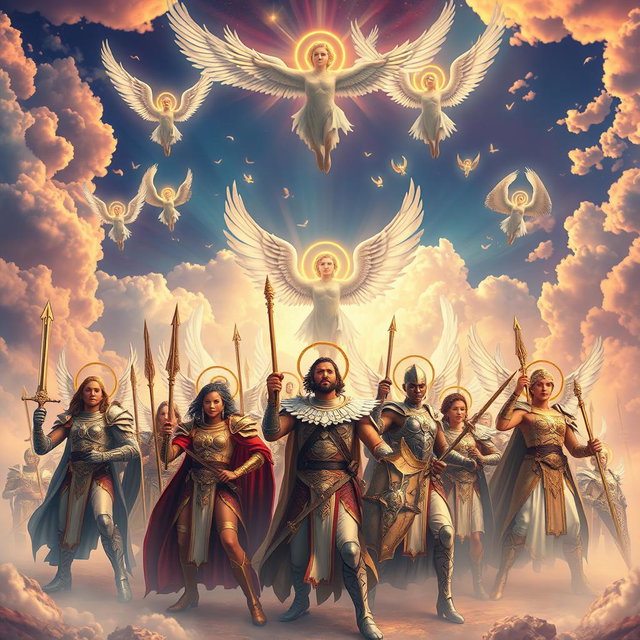 A majestic and awe-inspiring representation of the divine army of God, featuring ethereal warriors clad in radiant armor and wielding celestial weapons