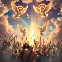 A majestic and awe-inspiring representation of the divine army of God, featuring ethereal warriors clad in radiant armor and wielding celestial weapons