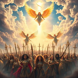 A majestic and awe-inspiring representation of the divine army of God, featuring ethereal warriors clad in radiant armor and wielding celestial weapons