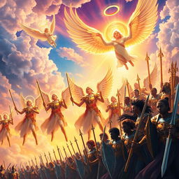 A majestic and awe-inspiring representation of the divine army of God, featuring ethereal warriors clad in radiant armor and wielding celestial weapons