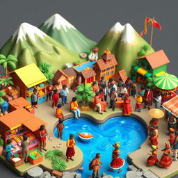 A vibrant 3D representation of a diverse community showcasing economic activity, socio-political engagement, geographical diversity, and rich cultural elements