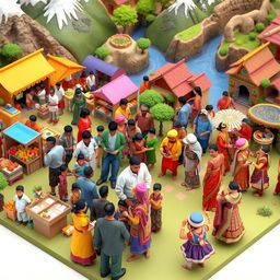 A vibrant 3D representation of a diverse community showcasing economic activity, socio-political engagement, geographical diversity, and rich cultural elements