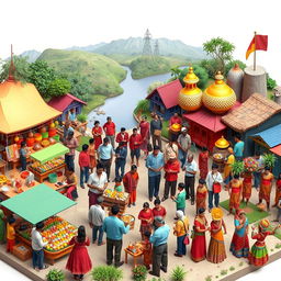 A vibrant 3D representation of a diverse community showcasing economic activity, socio-political engagement, geographical diversity, and rich cultural elements