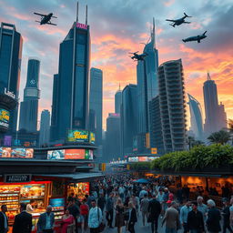 A futuristic cityscape with towering skyscrapers, vibrant neon signs, and flying vehicles