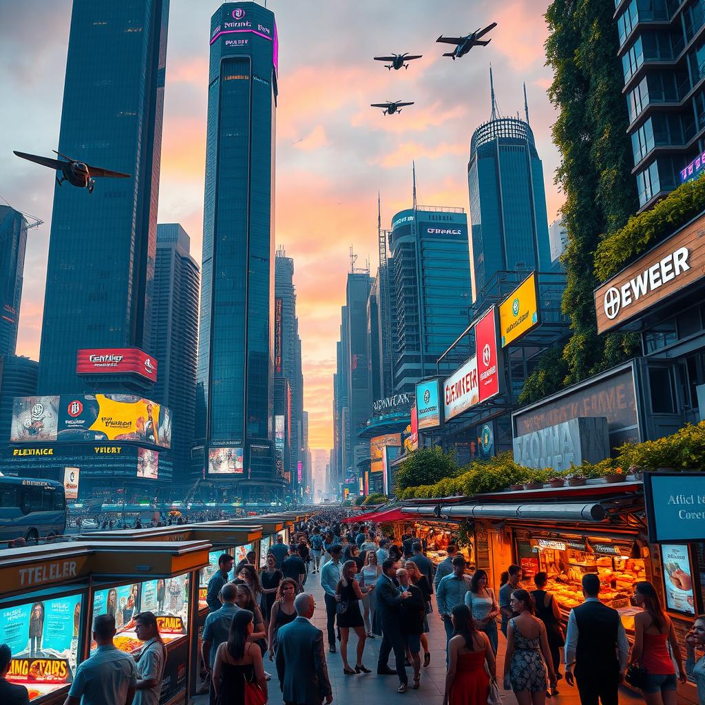 A futuristic cityscape with towering skyscrapers, vibrant neon signs, and flying vehicles