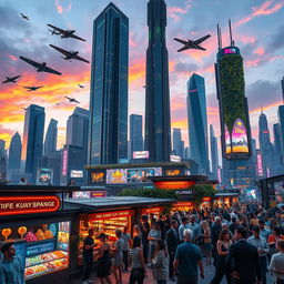 A futuristic cityscape with towering skyscrapers, vibrant neon signs, and flying vehicles