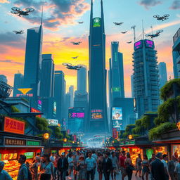A futuristic cityscape with towering skyscrapers, vibrant neon signs, and flying vehicles