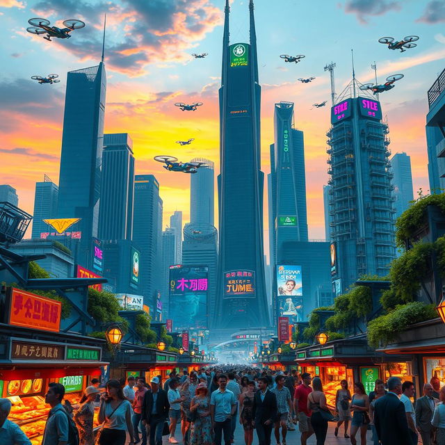 A futuristic cityscape with towering skyscrapers, vibrant neon signs, and flying vehicles