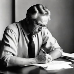 A focused man seated at a desk, pen in hand, deeply engrossed in writing on a piece of paper