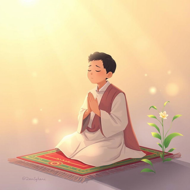 A serene and peaceful illustration of a person in prayer, surrounded by an ethereal light that enhances a sense of spirituality