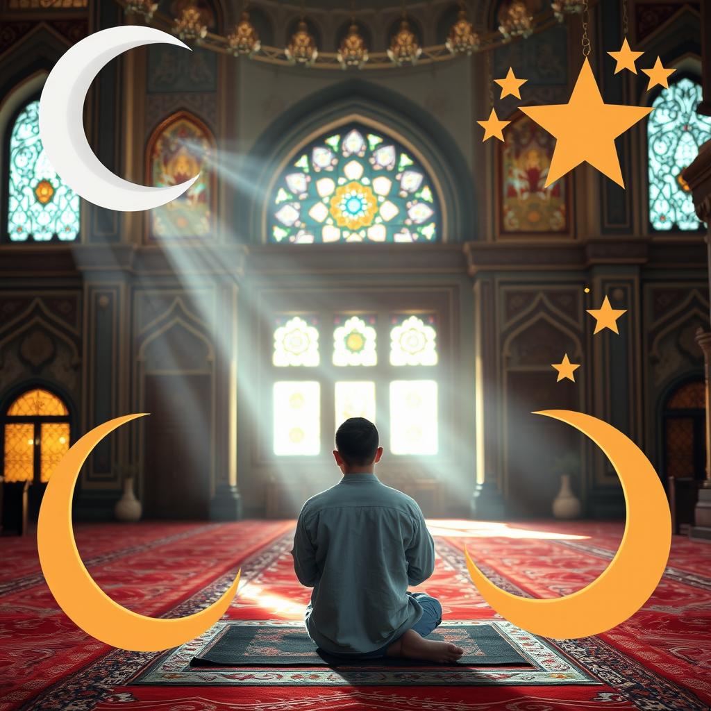 A serene and inspirational scene depicting the calmness and tranquility of a devout Muslim engaged in worship and prayer