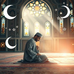 A serene and inspirational scene depicting the calmness and tranquility of a devout Muslim engaged in worship and prayer