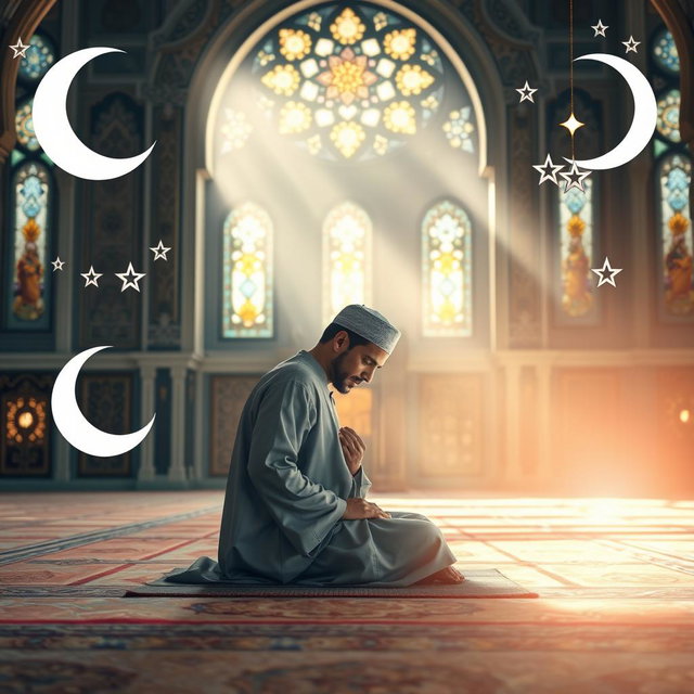 A serene and inspirational scene depicting the calmness and tranquility of a devout Muslim engaged in worship and prayer
