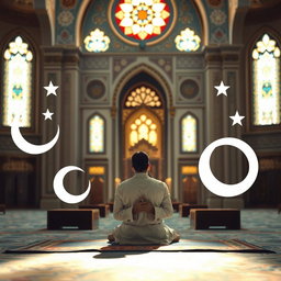 A serene and inspirational scene depicting the calmness and tranquility of a devout Muslim engaged in worship and prayer
