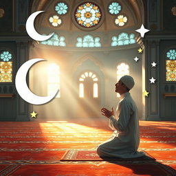 A serene and inspirational scene depicting the calmness and tranquility of a devout Muslim engaged in worship and prayer