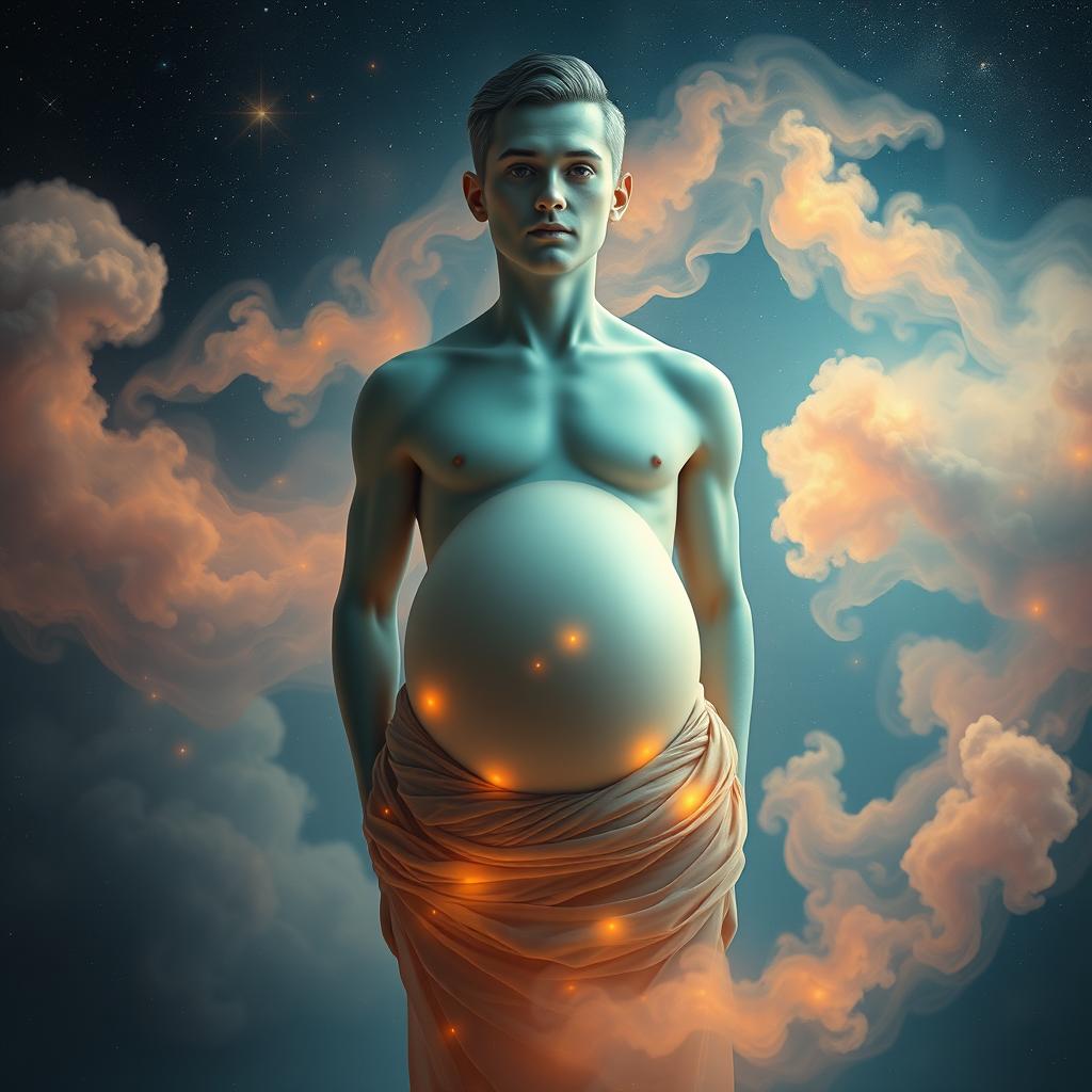 A surreal and imaginative representation of a pregnant man, showcasing a blend of human and extraterrestrial elements