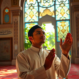 A serene and inspiring scene depicting a Muslim individual deeply engaged in prayer, with a look of tranquility and devotion on their face