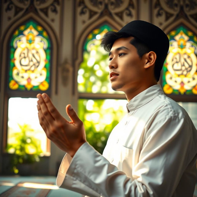 A serene and inspiring scene depicting a Muslim individual deeply engaged in prayer, with a look of tranquility and devotion on their face