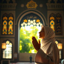 A serene and inspiring scene depicting a Muslim individual deeply engaged in prayer, with a look of tranquility and devotion on their face