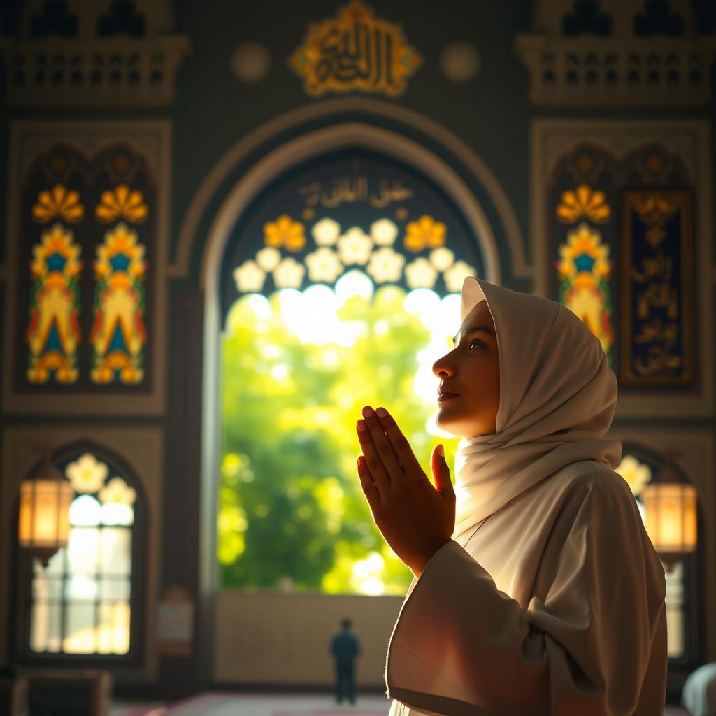 A serene and inspiring scene depicting a Muslim individual deeply engaged in prayer, with a look of tranquility and devotion on their face