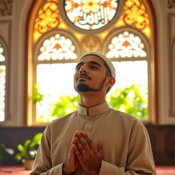 A serene and inspiring scene depicting a Muslim individual deeply engaged in prayer, with a look of tranquility and devotion on their face