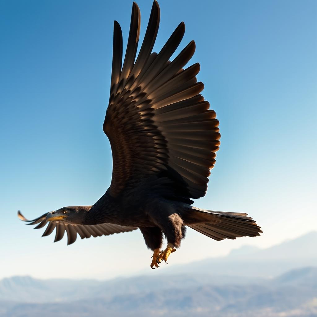 A majestic black eagle spreading its wings wide, displaying its powerful plumage, soaring high in a clear blue sky